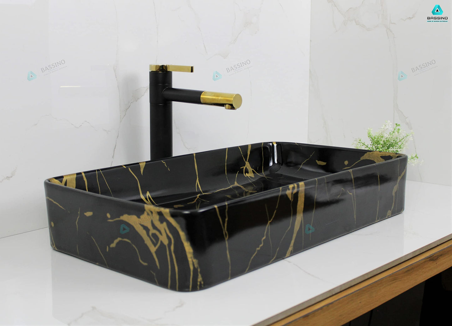 BASSINO Art Wash Basin Countertop, Tabletop Ceramic Bathroom Sink/Basin (600x350x110 mm) (BLACK GOLD)-BTT-1382