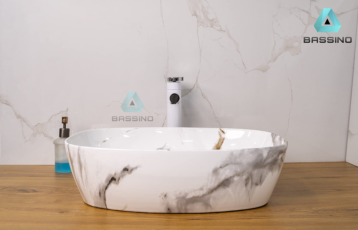 BASSINO Art Wash Basin Countertop, Tabletop Ceramic Bathroom Sink/Basin (WHITE MARBLE) (500X390X140MM)