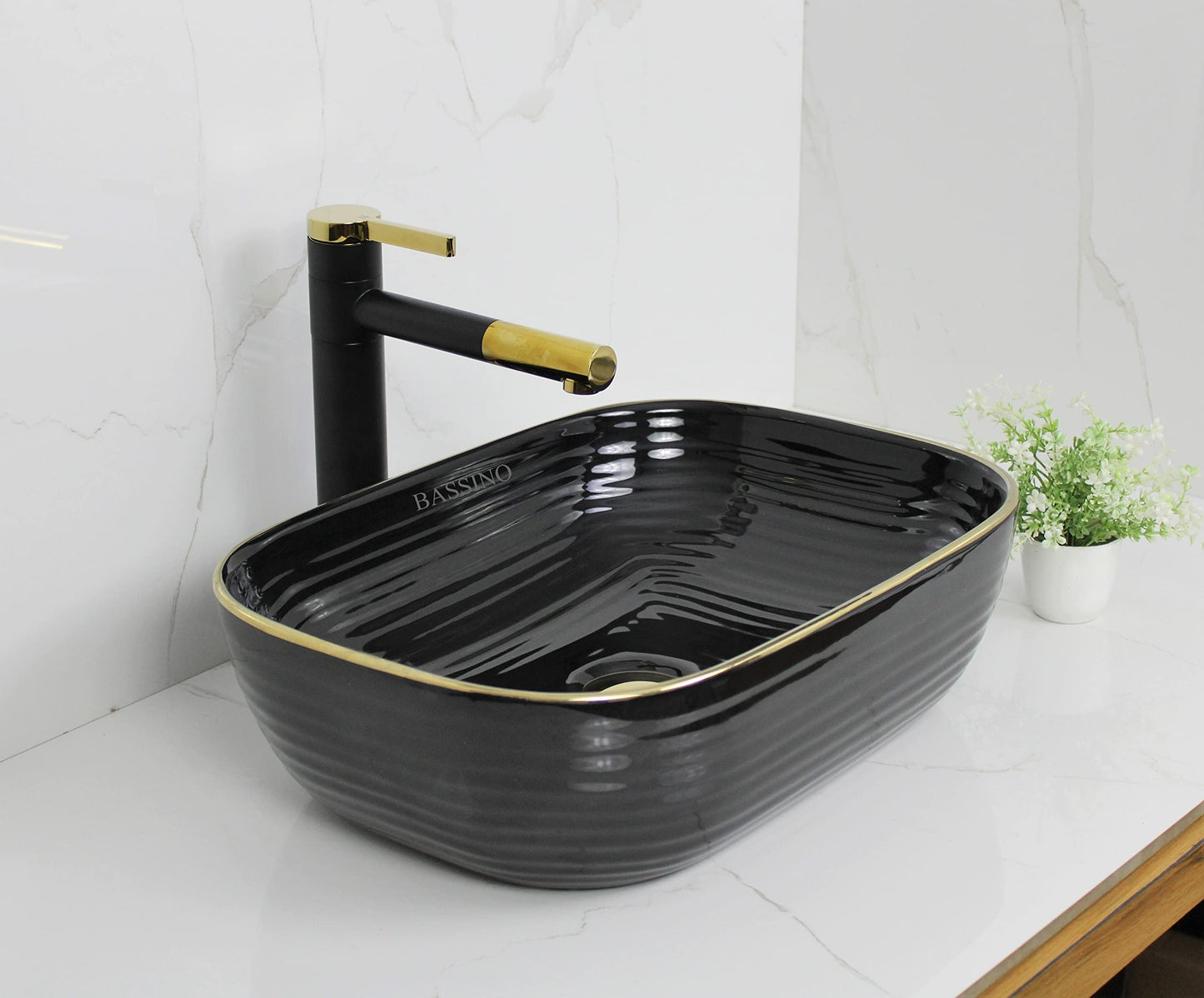 BASSINO Art Wash Basin Countertop, Tabletop Ceramic Bathroom Sink/Basin (455 x 325 x 145mm) (BLACK)