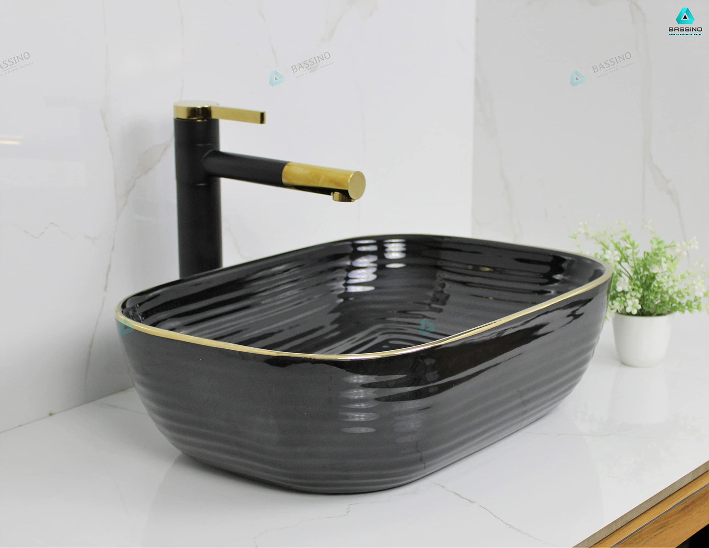 BASSINO Art Wash Basin Countertop, Tabletop Ceramic Bathroom Sink/Basin (455 x 325 x 145mm) (BLACK)