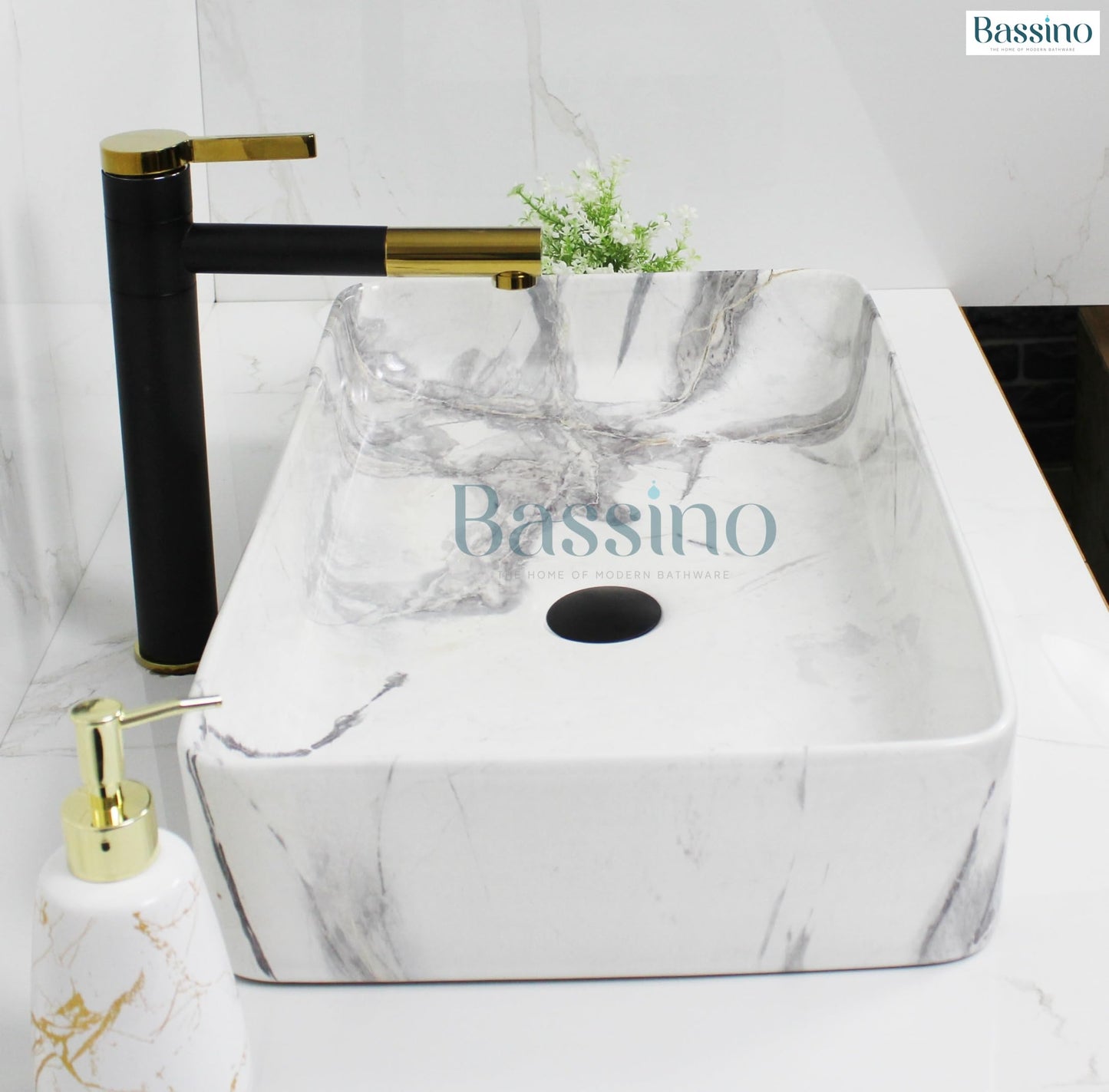 BASSINO Art Wash Basin Counter top, Tabletop Ceramic Bathroom Sink/Basin (Satvario Marble) (600 x 350 x 110 mm) (Satvario Marble)