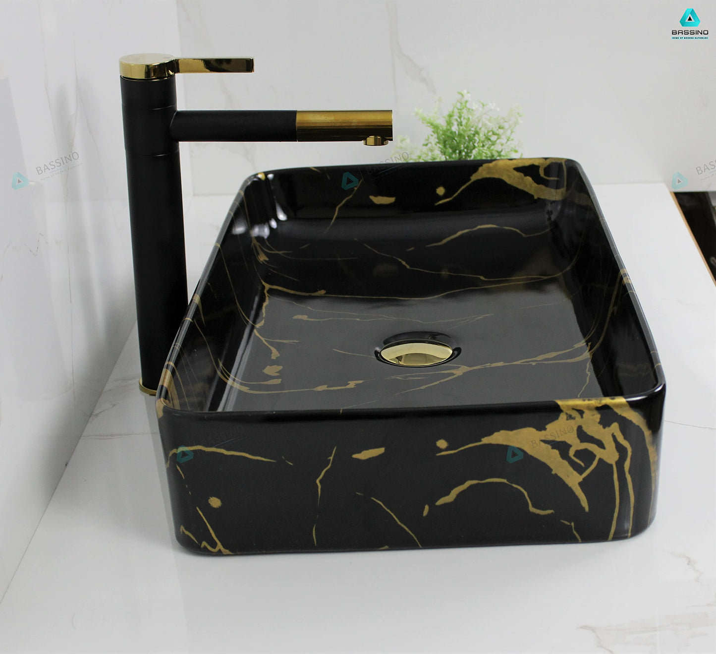 BASSINO Art Wash Basin Countertop, Tabletop Ceramic Bathroom Sink/Basin (600x350x110 mm) (BLACK GOLD)-BTT-1382