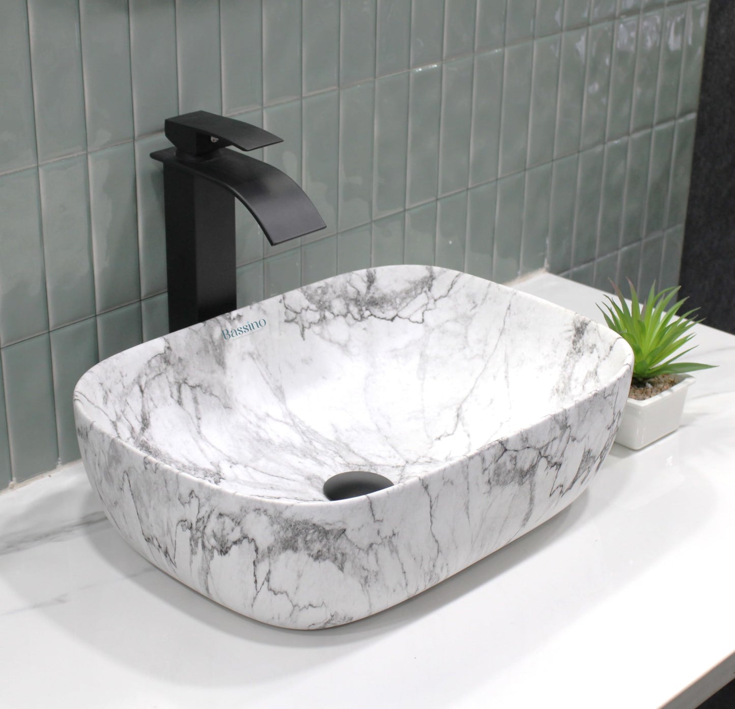 BASSINO Design Wash Basin Ceramic Tabletop Marble Bathroom Sink/Countertop Vessel Sink for Bathroom & Living Room - 455 x 325 x 145 mm (White Marble)