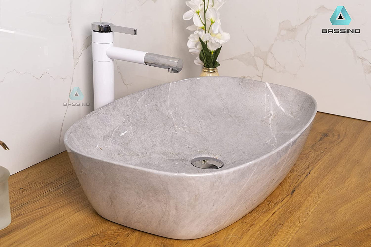 BASSINO Art Wash Basin Countertop, Tabletop Ceramic Bathroom Sink/Basin (600x380x140mm) (Grey Marble)