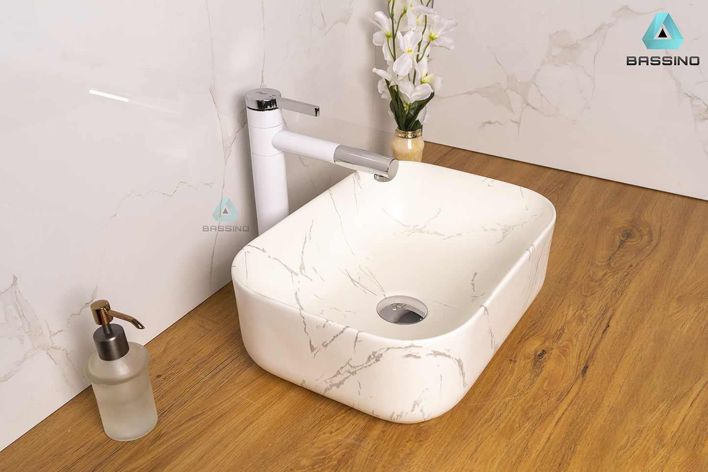 BASSINO Design Wash Basin Ceramic Tabletop Marble Bathroom Sink/Countertop Vessel Sink for Bathroom & Living Room - 400 x 300 x 140 mm (ZX_015)