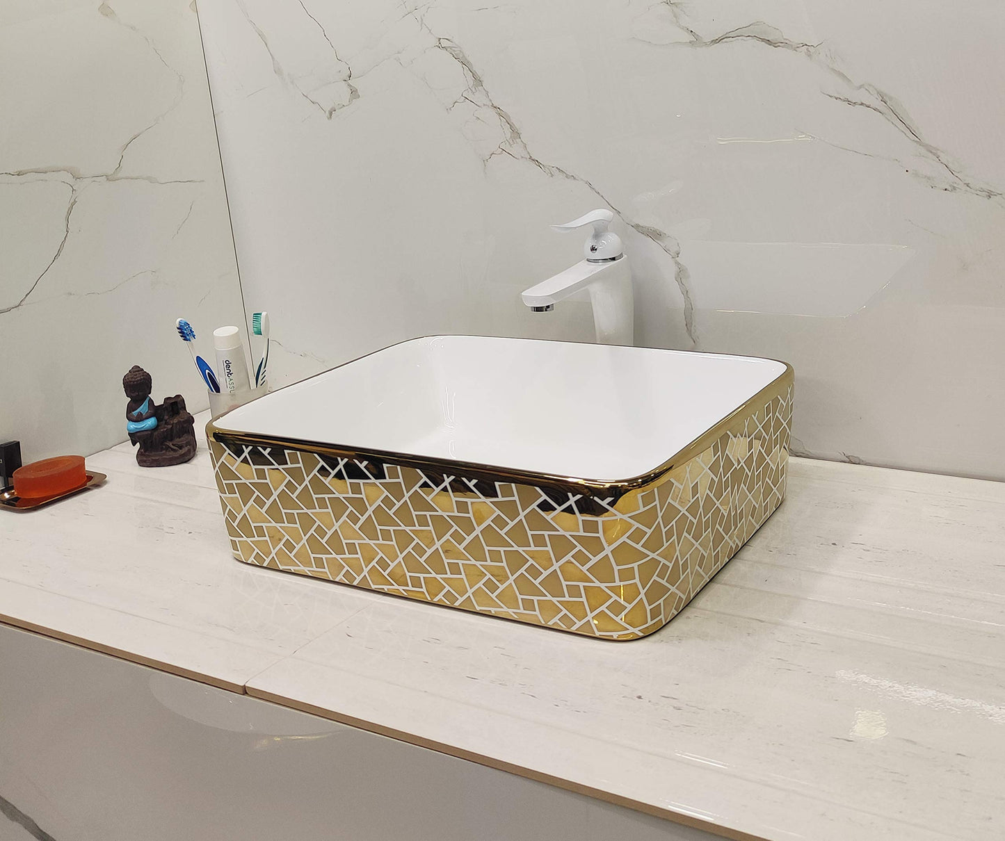 BASSINO Countertop, Tabletop Ceramic Bathroom Sink/Basin (480x370x135mm, Gold, White)