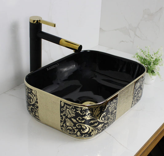 BASSINO Art Wash Basin Countertop, Tabletop Ceramic Bathroom Sink/Basin (400x300x140 mm) (BLACK GOLD)-BTT-1374