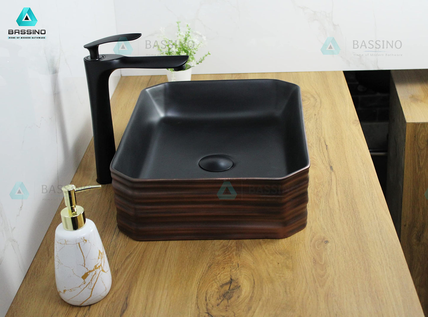 BASSINO Art Wash Basin Countertop, Tabletop Ceramic Bathroom Sink (Black & Brown, 455x385x170mm, BTT-1318)