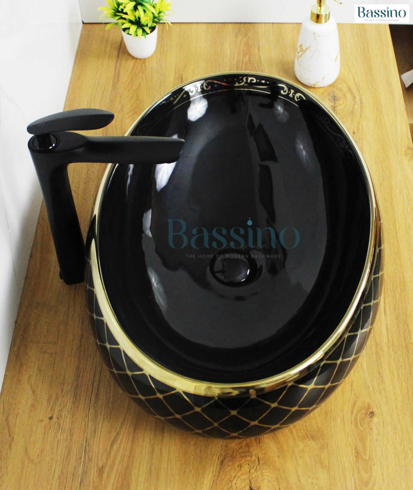 Bassino Ceramic Wash Basin Table Top Counter for Bathroom, Kitchen, Dining Hall, Living Room-Black Gold-BTT-1216