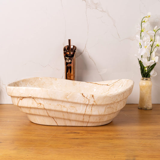 BASSINO Design Wash Basin Ceramic Tabletop Marble Bathroom Sink/Countertop Vessel Sink for Bathroom & Living Room - 455 x 345 x 140 mm (Ivory Marble)