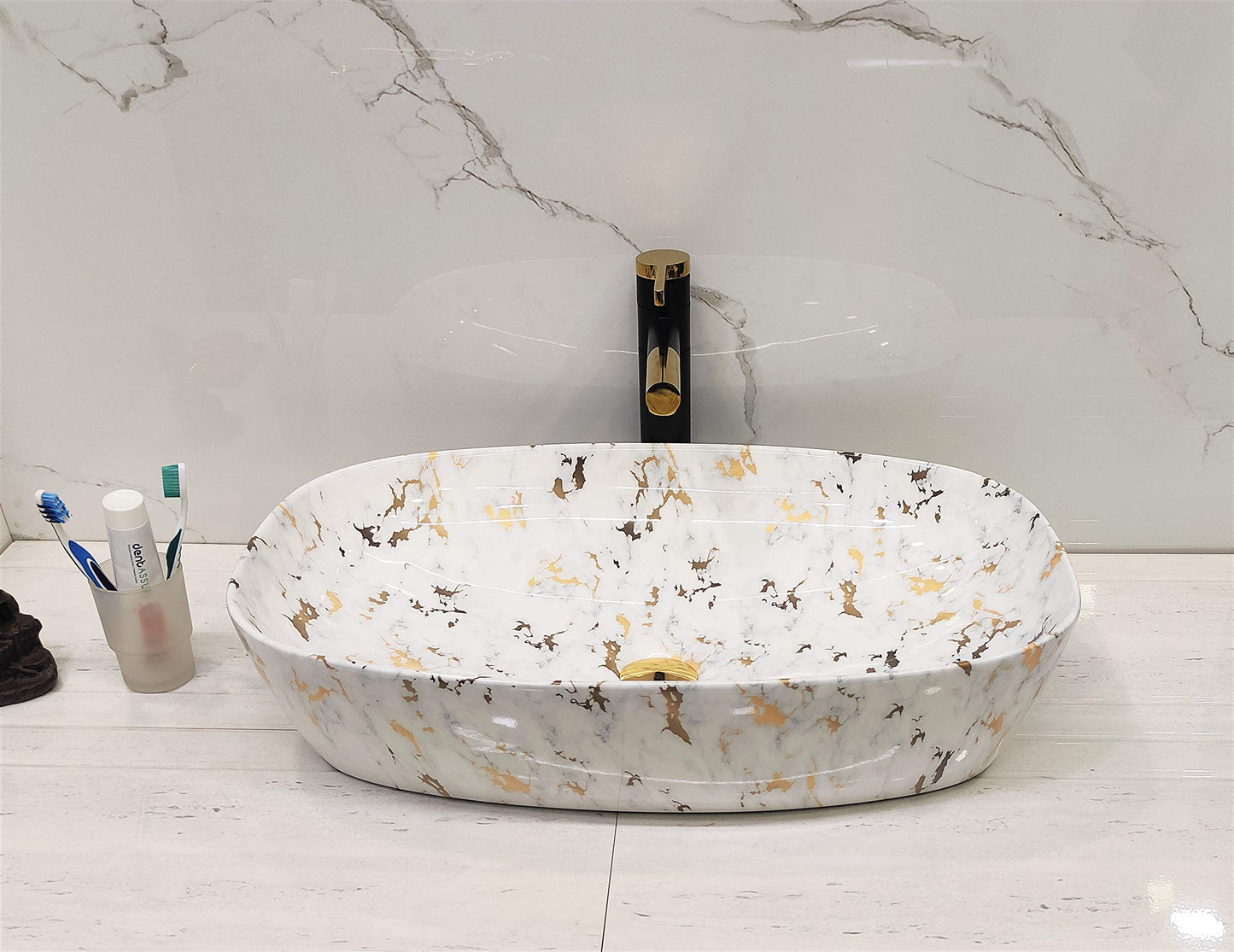 BASSINO Design Wash Basin Ceramic Tabletop Marble Bathroom Sink/Countertop Vessel Sink for Bathroom & Living Room - 600 x 380 x 140 mm (Satvario Marble)