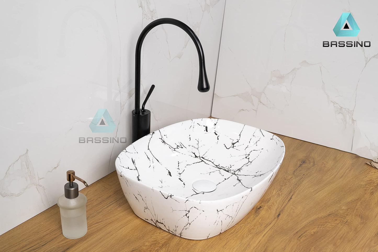 BASSINO Art Wash Basin Countertop, Tabletop Ceramic Bathroom Sink/Basin (WHITE & BLACK MARBLE) (500X390X140MM)