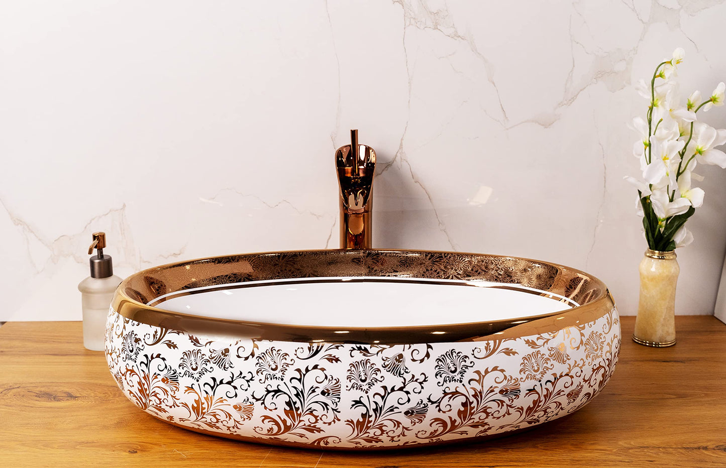 BASSINO Art Wash Basin Countertop, Tabletop Ceramic Bathroom Sink/Basin (600x400x150mm) (White Rose Gold)