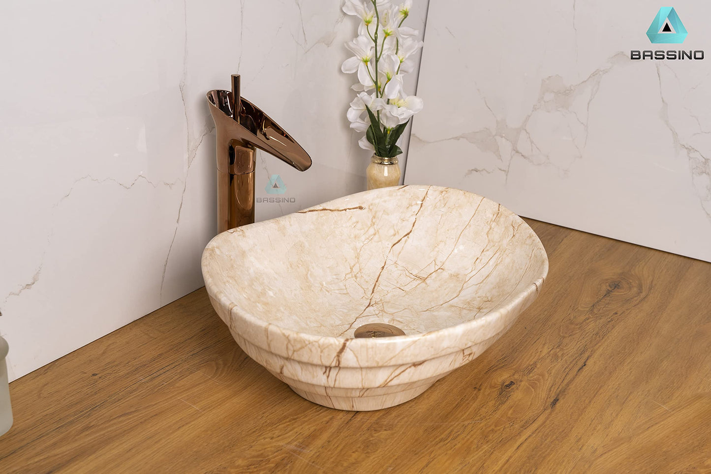 BASSINO Design Wash Basin Ceramic Tabletop Marble Bathroom Sink/Countertop Vessel Sink for Bathroom & Living Room - 455 x 345 x 140 mm (Ivory Marble)