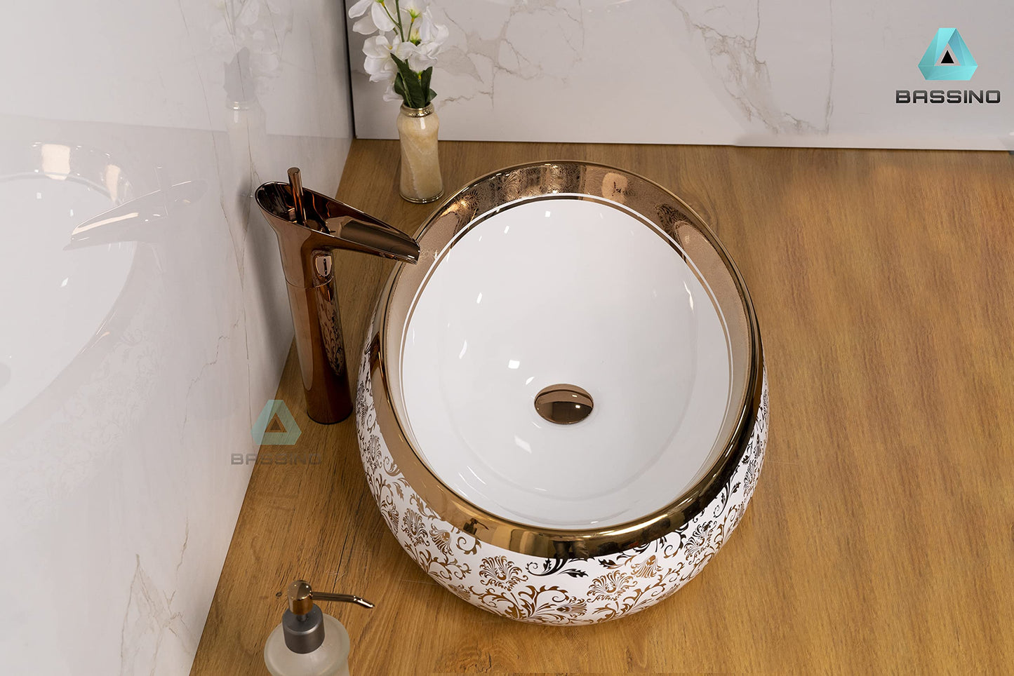 BASSINO Art Wash Basin Countertop, Tabletop Ceramic Bathroom Sink/Basin (600x400x150mm) (White Rose Gold)