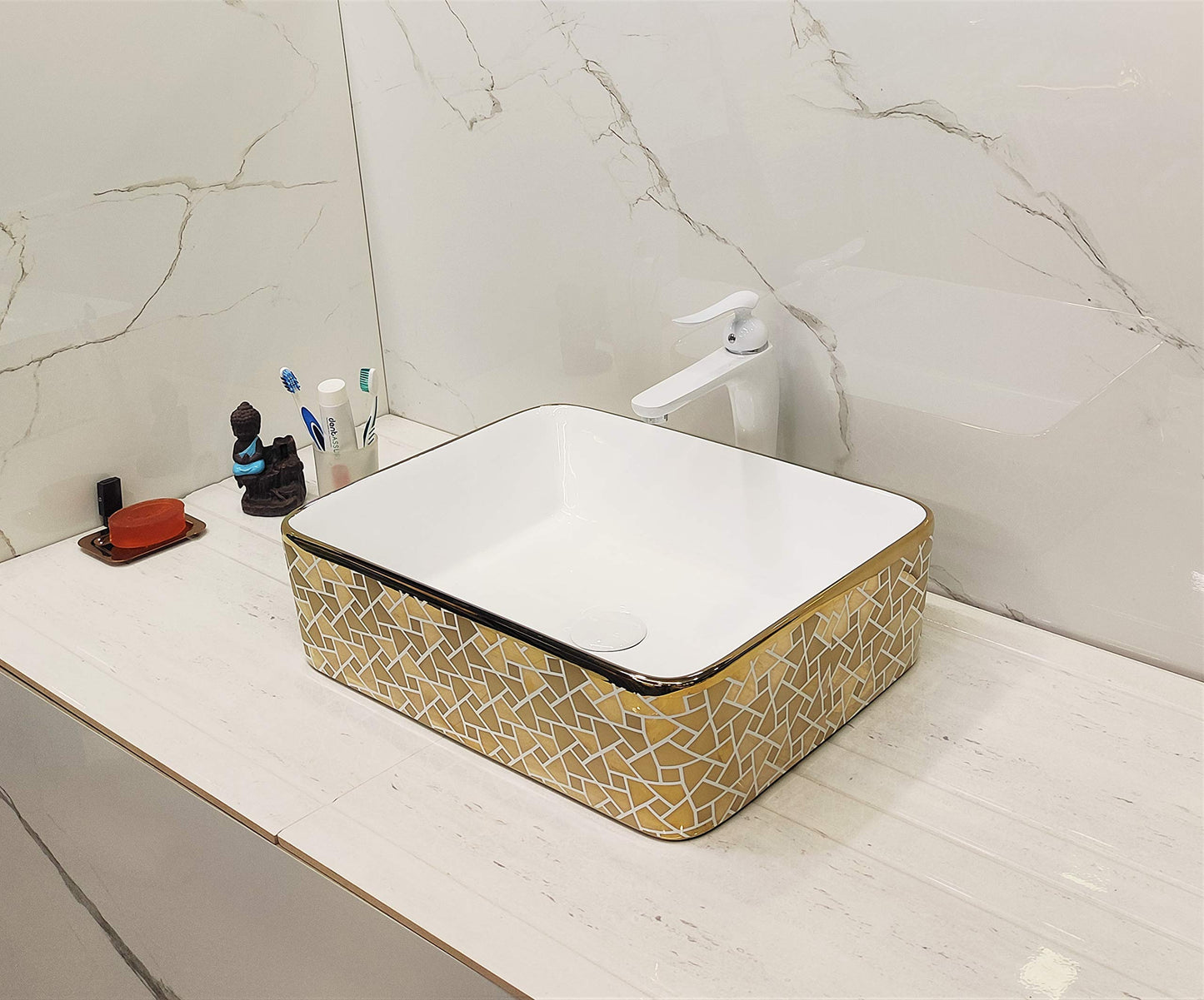 BASSINO Countertop, Tabletop Ceramic Bathroom Sink/Basin (480x370x135mm, Gold, White)