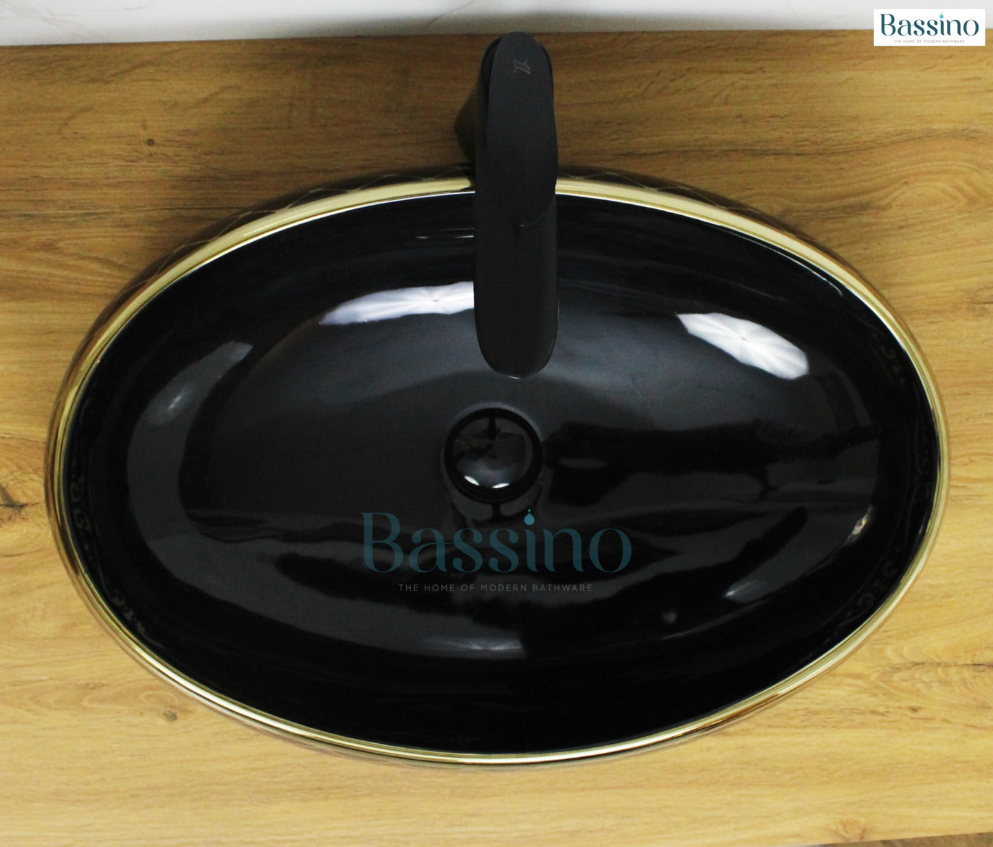 Bassino Ceramic Wash Basin Table Top Counter for Bathroom, Kitchen, Dining Hall, Living Room-Black Gold-BTT-1216