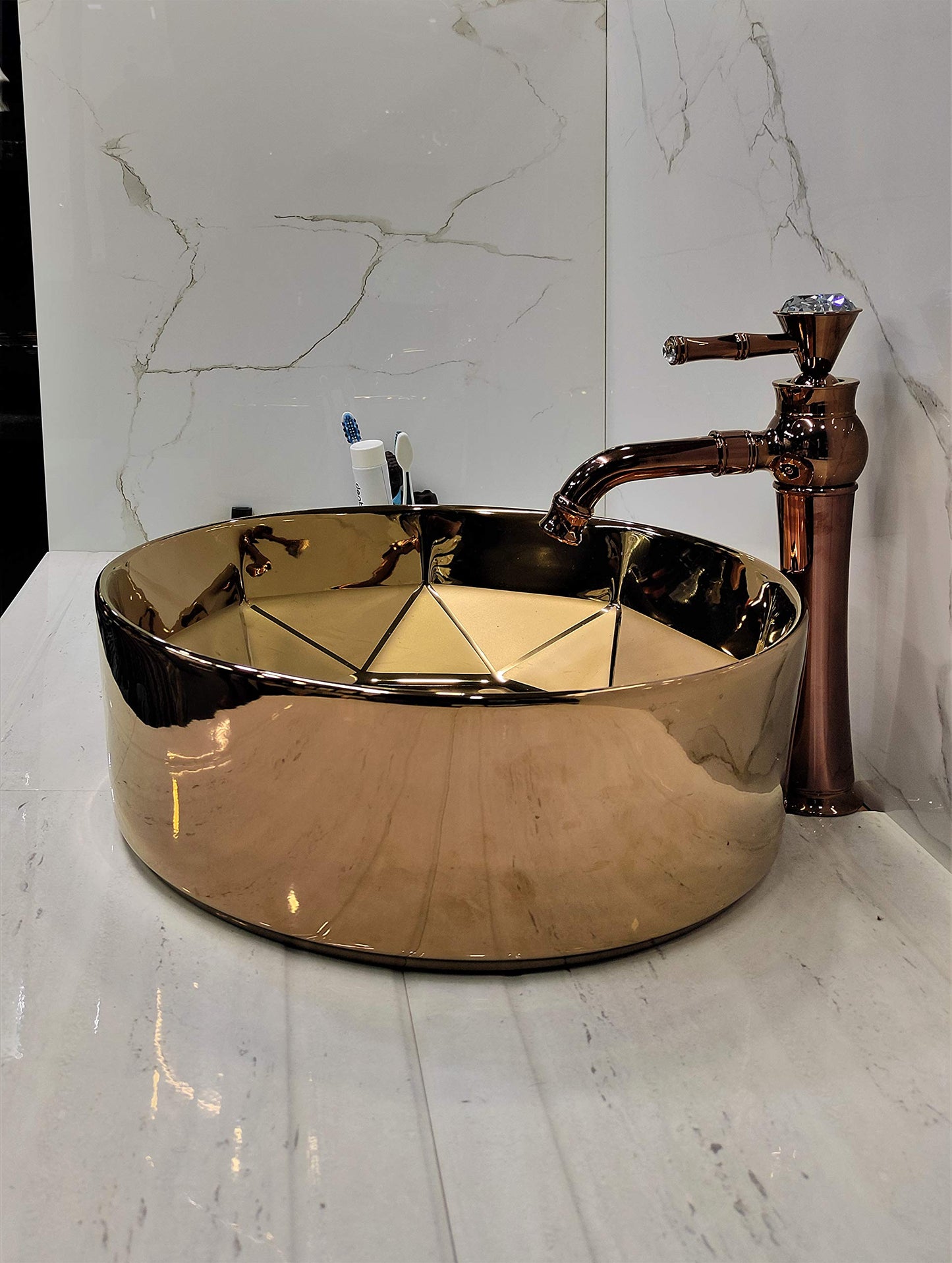 BASSINO Design Wash Basin Ceramic Tabletop Marble Bathroom Sink/Countertop Vessel Sink for Bathroom & Living Room - 410 x 410 x 145 mm (Rose Gold)