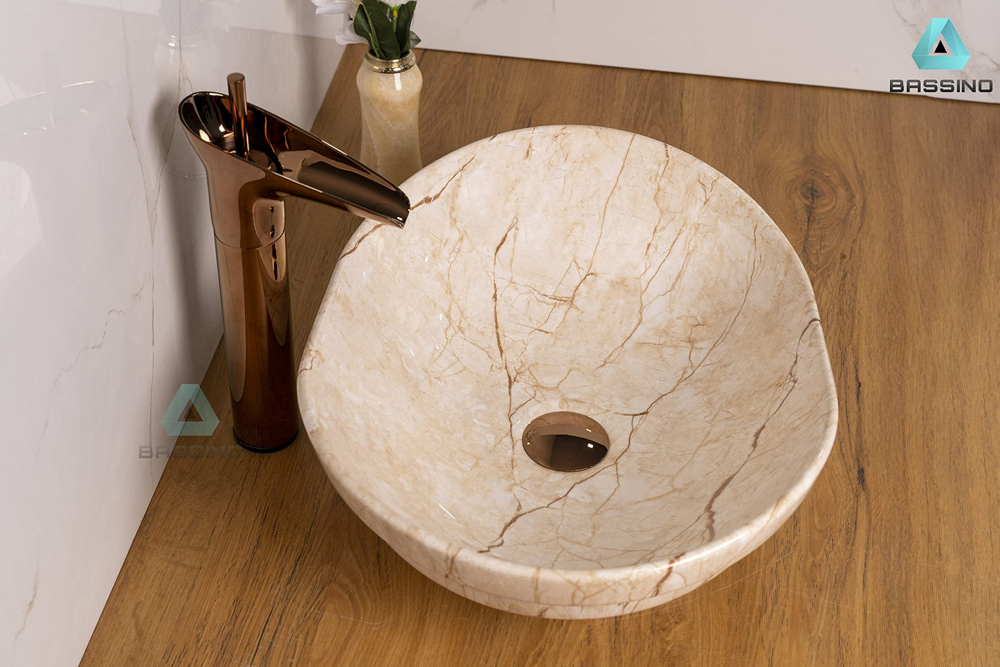 BASSINO Design Wash Basin Ceramic Tabletop Marble Bathroom Sink/Countertop Vessel Sink for Bathroom & Living Room - 455 x 345 x 140 mm (Ivory Marble)