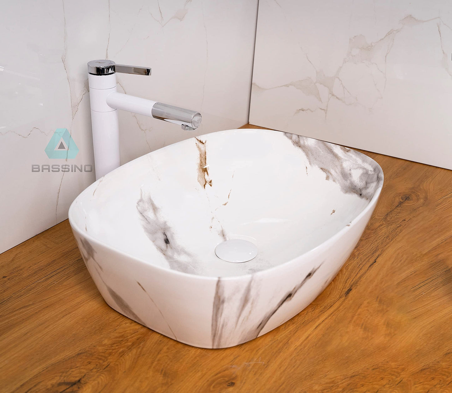 BASSINO Art Wash Basin Countertop, Tabletop Ceramic Bathroom Sink/Basin (WHITE MARBLE) (500X390X140MM)