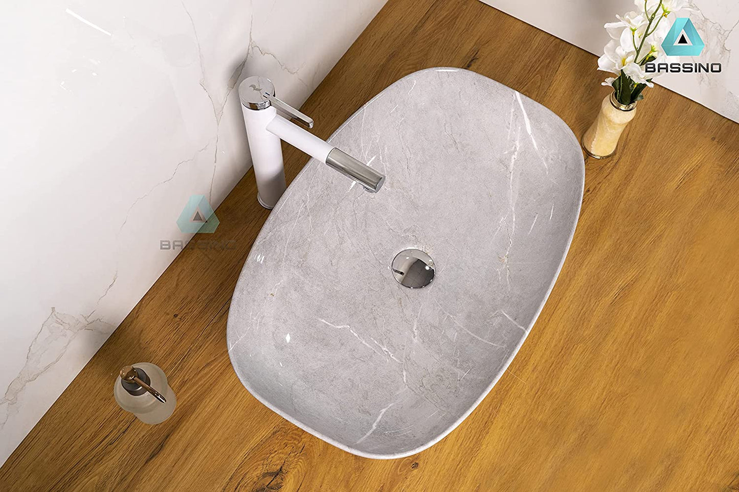 BASSINO Art Wash Basin Countertop, Tabletop Ceramic Bathroom Sink/Basin (600x380x140mm) (Grey Marble)