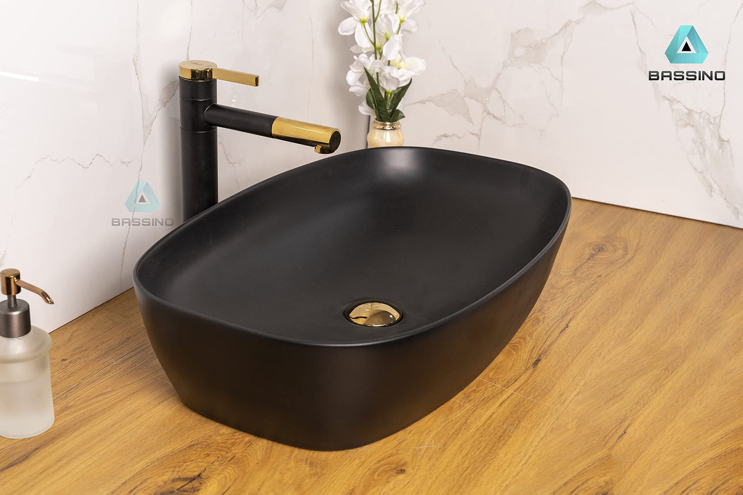 BASSINO Art Wash Basin Countertop, Tabletop Ceramic Bathroom Sink/Basin (600x380x140mm) (Black Matt)