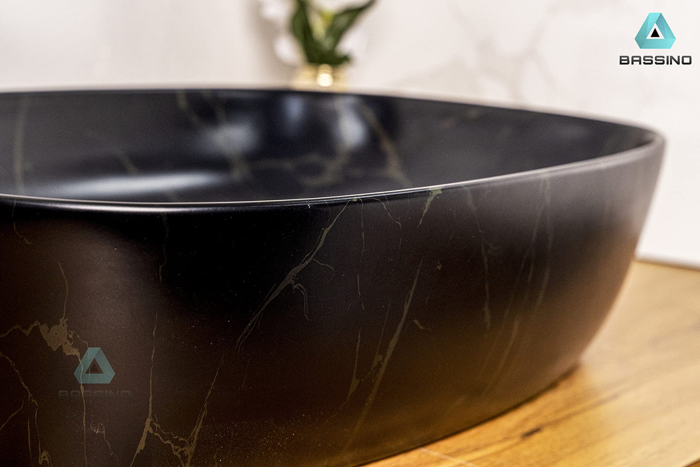 BASSINO Art Wash Basin Countertop, Tabletop Ceramic Bathroom Sink/Basin (600x380x140mm) (Black Marble)