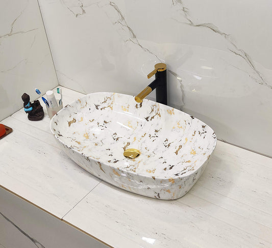 BASSINO Design Wash Basin Ceramic Tabletop Marble Bathroom Sink/Countertop Vessel Sink for Bathroom & Living Room - 600 x 380 x 140 mm (Satvario Marble)