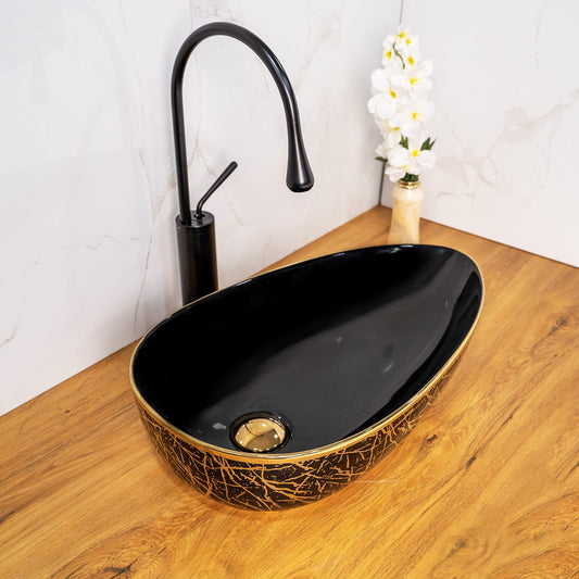 BASSINO Art Wash Basin Countertop, Tabletop Ceramic Bathroom Sink/Basin (560x335x130mm) (BLACK GOLD)