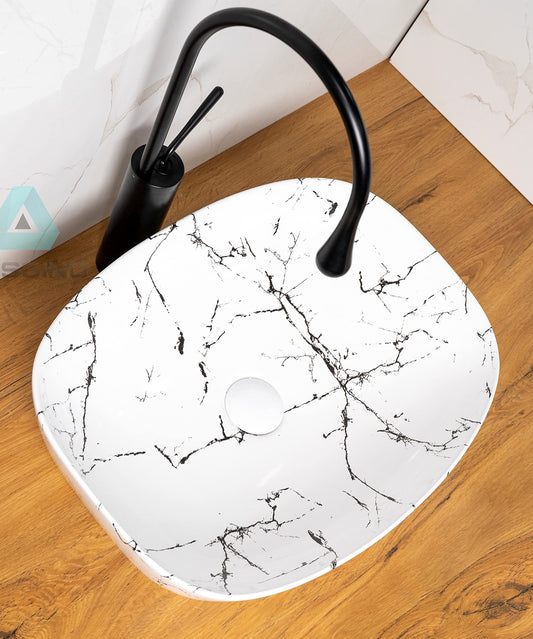 BASSINO Art Wash Basin Countertop, Tabletop Ceramic Bathroom Sink/Basin (WHITE & BLACK MARBLE) (500X390X140MM)