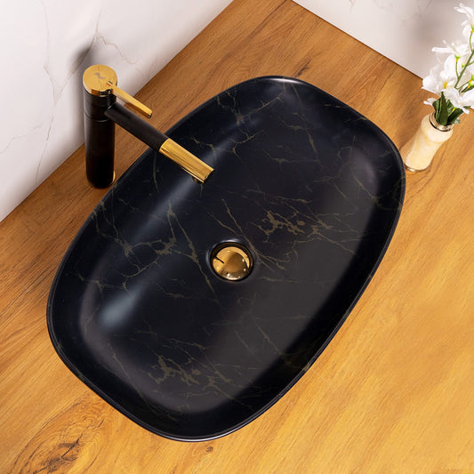 BASSINO Art Wash Basin Countertop, Tabletop Ceramic Bathroom Sink/Basin (600x380x140mm) (Black Marble)