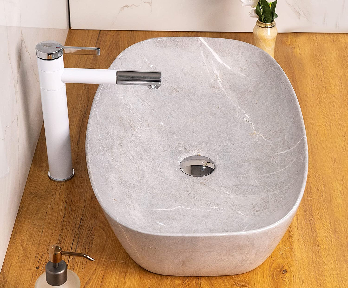 BASSINO Art Wash Basin Countertop, Tabletop Ceramic Bathroom Sink/Basin (600x380x140mm) (Grey Marble)