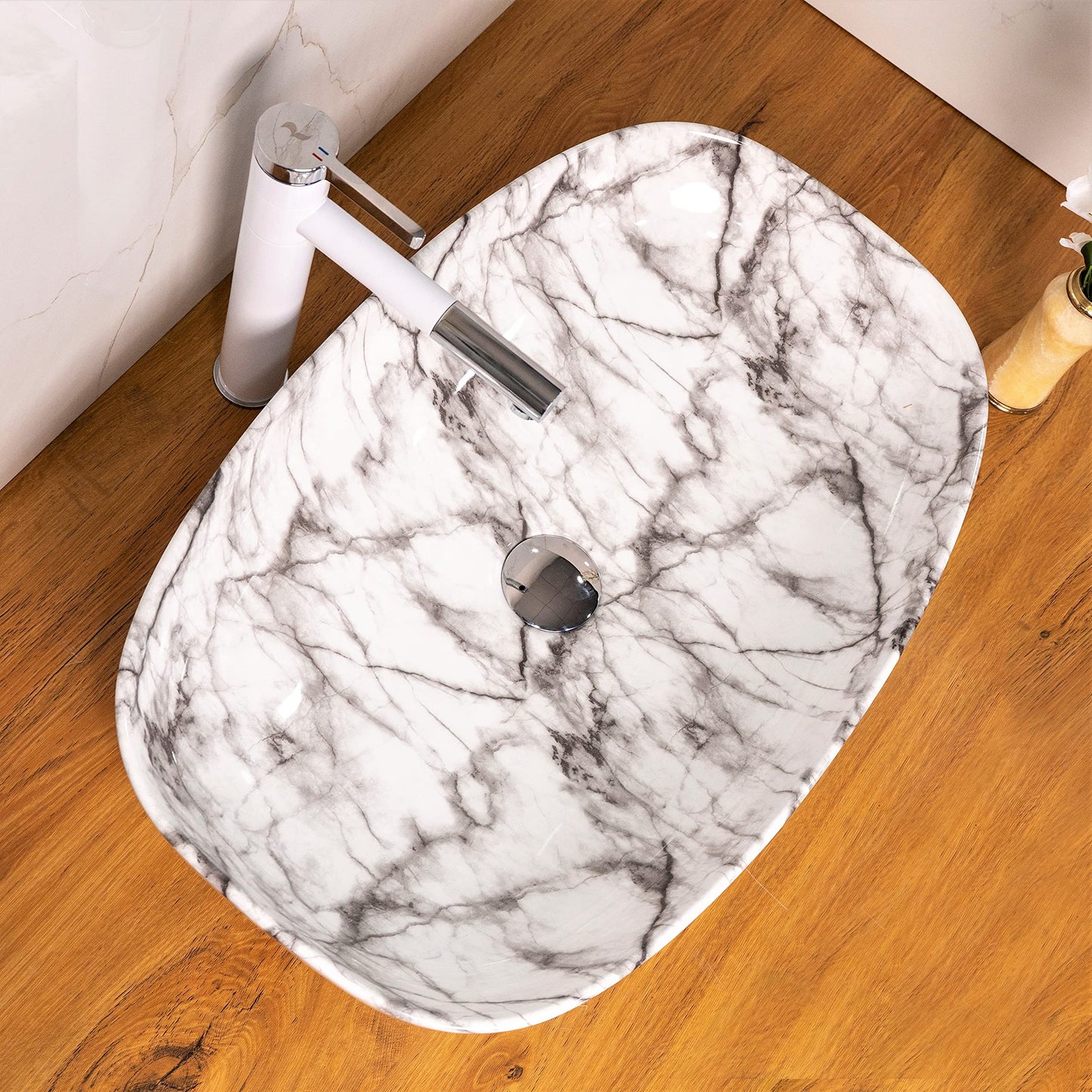 BASSINO Art Wash Basin Countertop, Tabletop Ceramic Bathroom Sink/Basin (600x380x140mm) (White Marble)