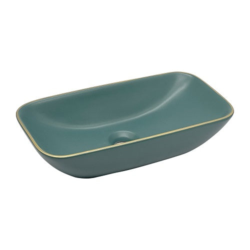 BASSINO Ceramic Wash Basin Countertop Tabletop Bathroom Sink Wash Basin( 470x 240 x 120mm)Matt AQUE GREEN WITH GOLDEN LINE