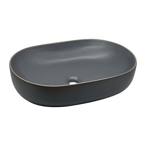 BASSINO Ceramic Wash Basin Countertop Tabletop Bathroom Sink Wash Basin( 600x 425 x 150mm)MATT DARK GREY WITH GOLD LINE