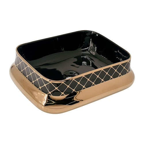 BASSINO Ceramic Wash Basin Countertop Tabletop Bathroom Sink Wash Basin( 460x 360 x 135mm)GlOSSY BLACK WITH ROSE GOLD