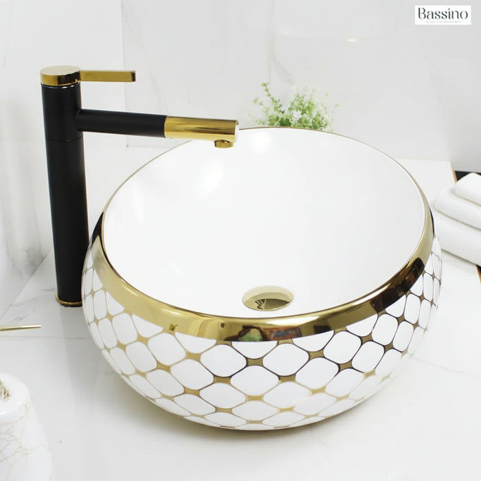 White and gold Oval Shape Counter Top Wash Basin