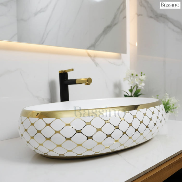 White and gold Oval Shape Counter Top Wash Basin